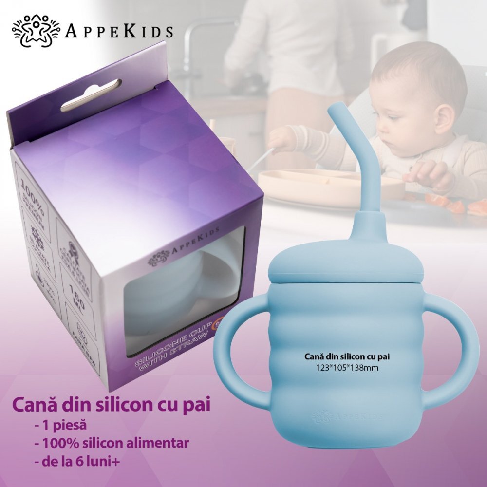 APPEKIDS Cana din silicon cu pai Aqua Blue