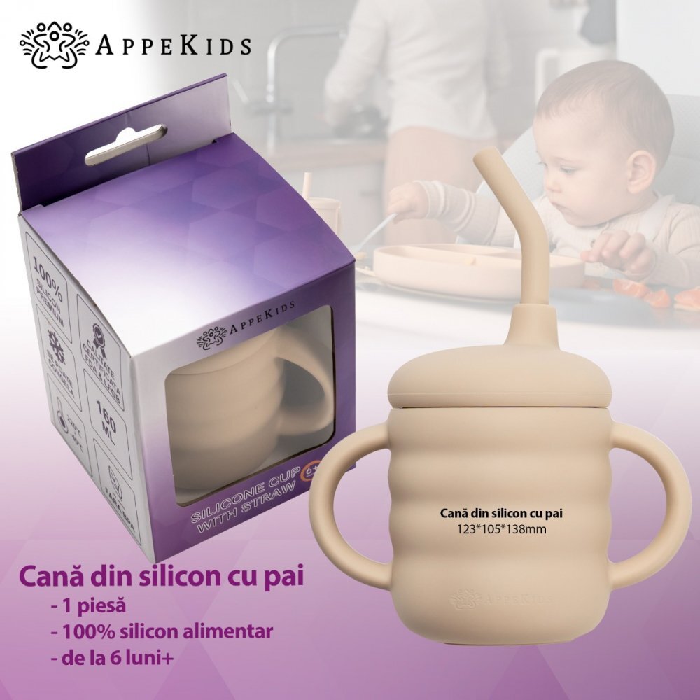 APPEKIDS Cana din silicon cu pai Bubble Beige