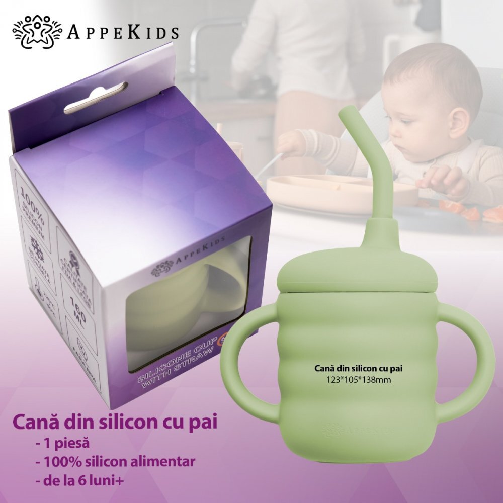 APPEKIDS Cana din silicon cu pai Raw Green