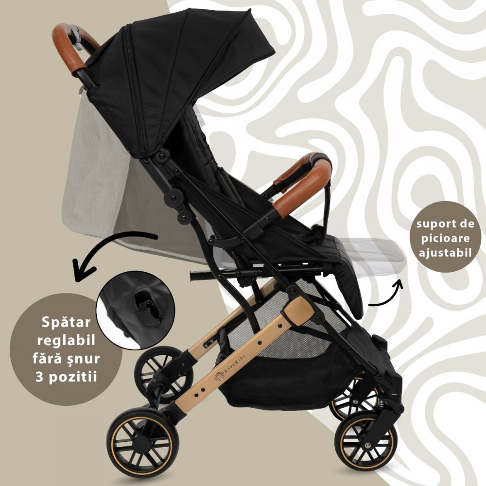 APPEKIDS Carucior sport Travel Black ultracompact tip troller suspensii spatar reglabil suport picioare ajustabil bara frontala detasabila