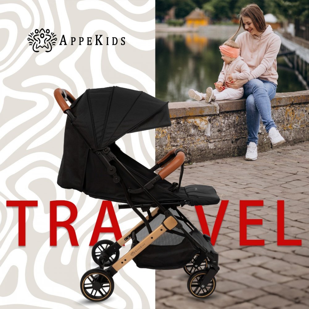 APPEKIDS Carucior sport Travel Black ultracompact tip troller suspensii spatar reglabil suport picioare ajustabil bara frontala detasabila
