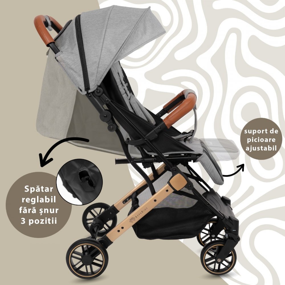APPEKIDS Carucior sport Travel Grey ultracompact tip troller suspensii spatar reglabil suport picioare ajustabil bara frontala detasabila