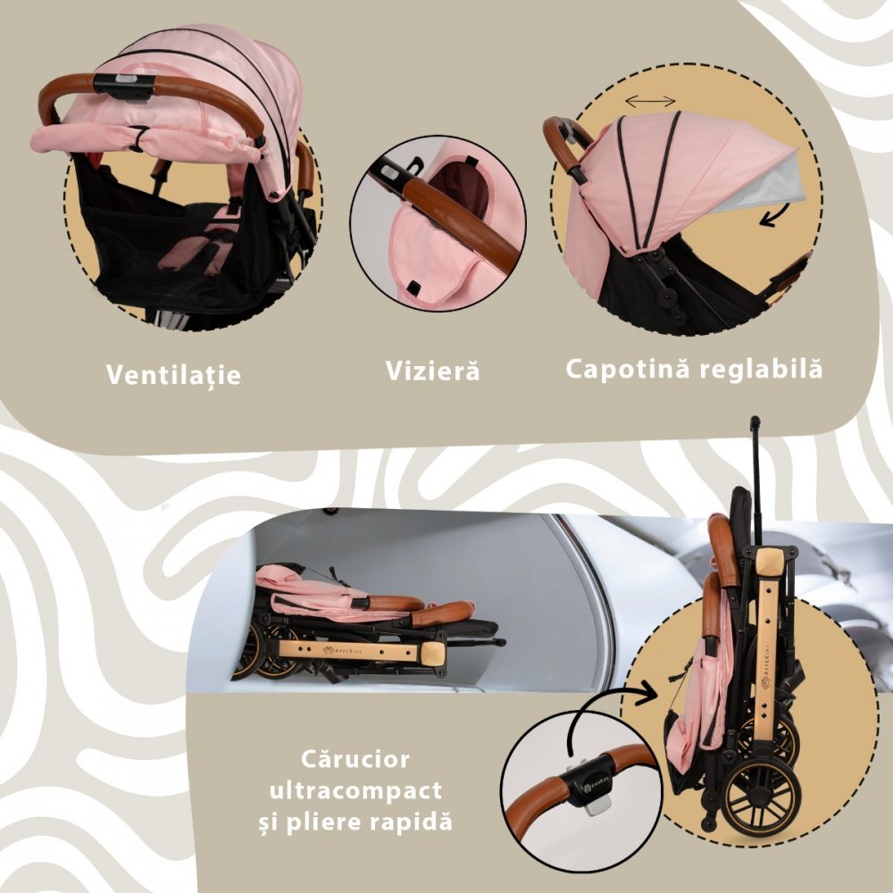APPEKIDS Carucior sport Travel Pink ultracompact tip troller suspensii spatar reglabil suport picioare ajustabil bara frontala detasabila