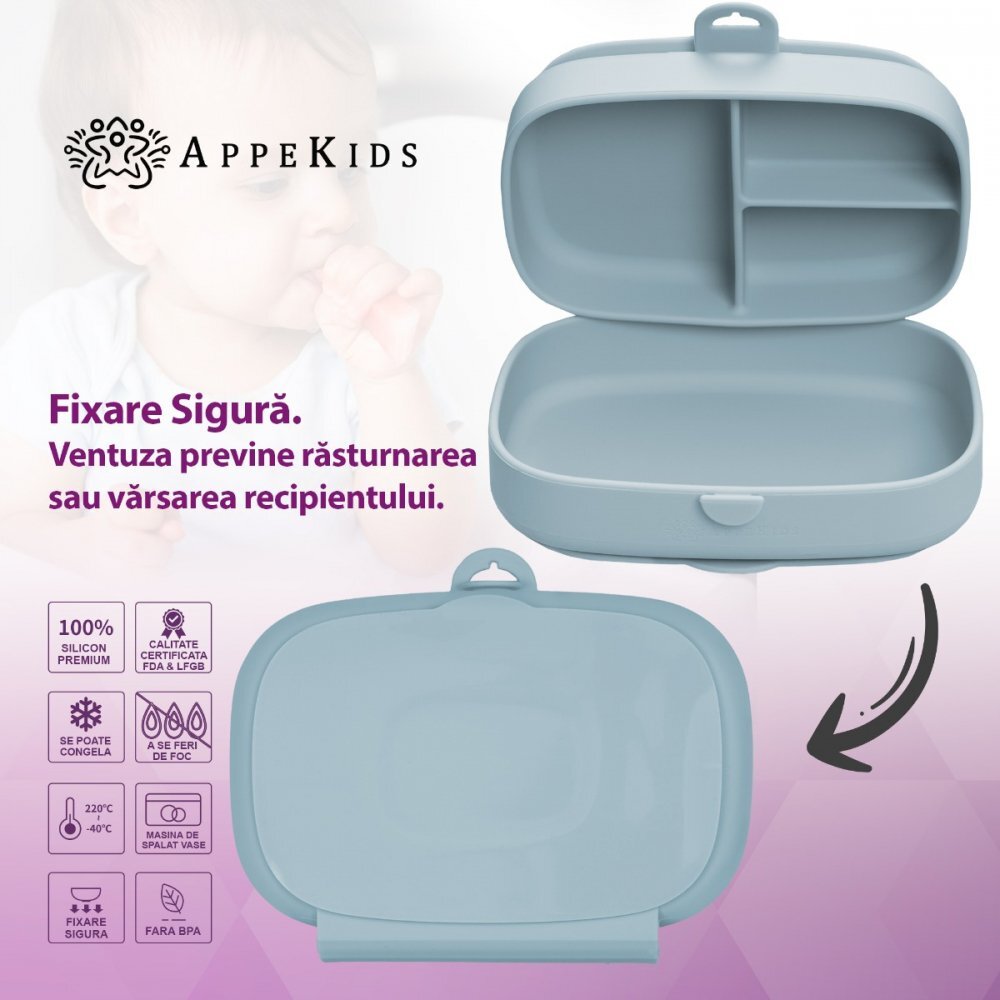 APPEKIDS Caserola compartimentata din silicon cu ventuza Magic Box Aqua Blue