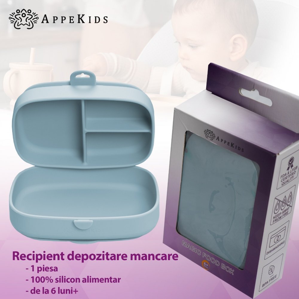 APPEKIDS Caserola compartimentata din silicon cu ventuza Magic Box Aqua Blue