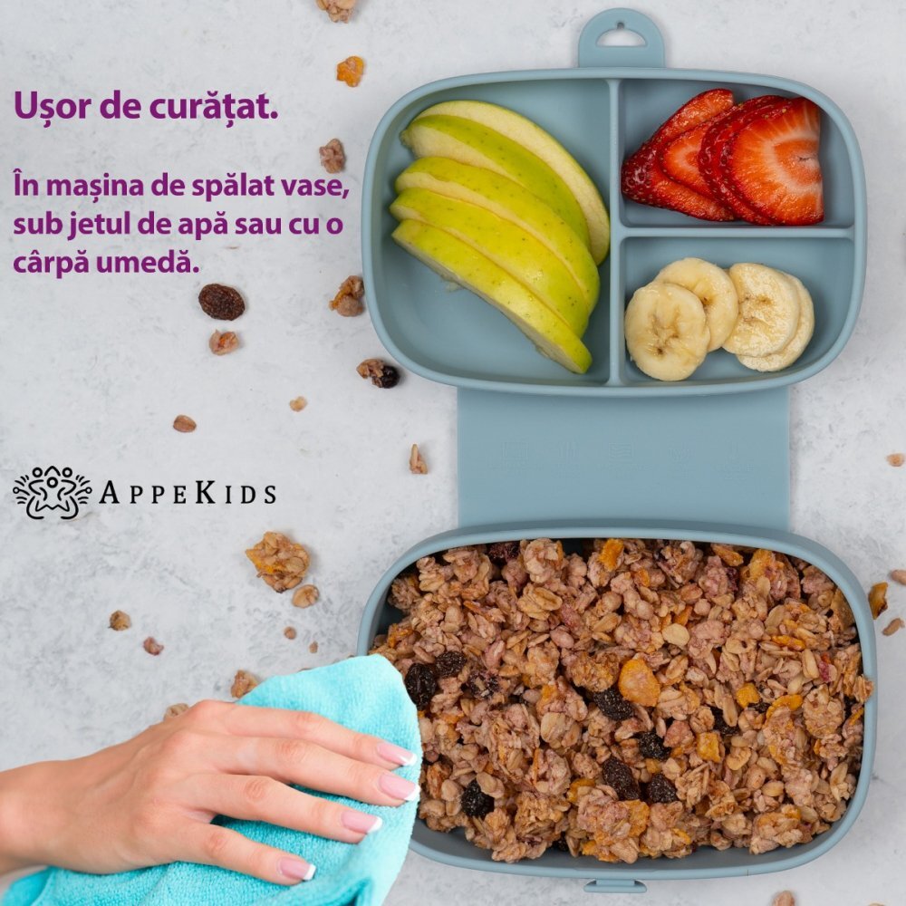 APPEKIDS Caserola compartimentata din silicon cu ventuza Magic Box Aqua Blue
