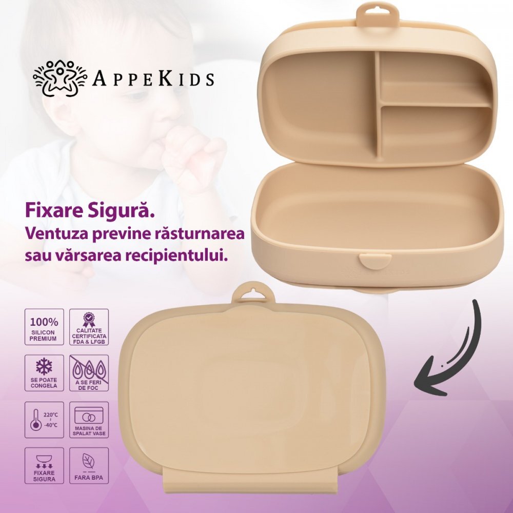 APPEKIDS Caserola compartimentata din silicon cu ventuza Magic Box Bubble Beige