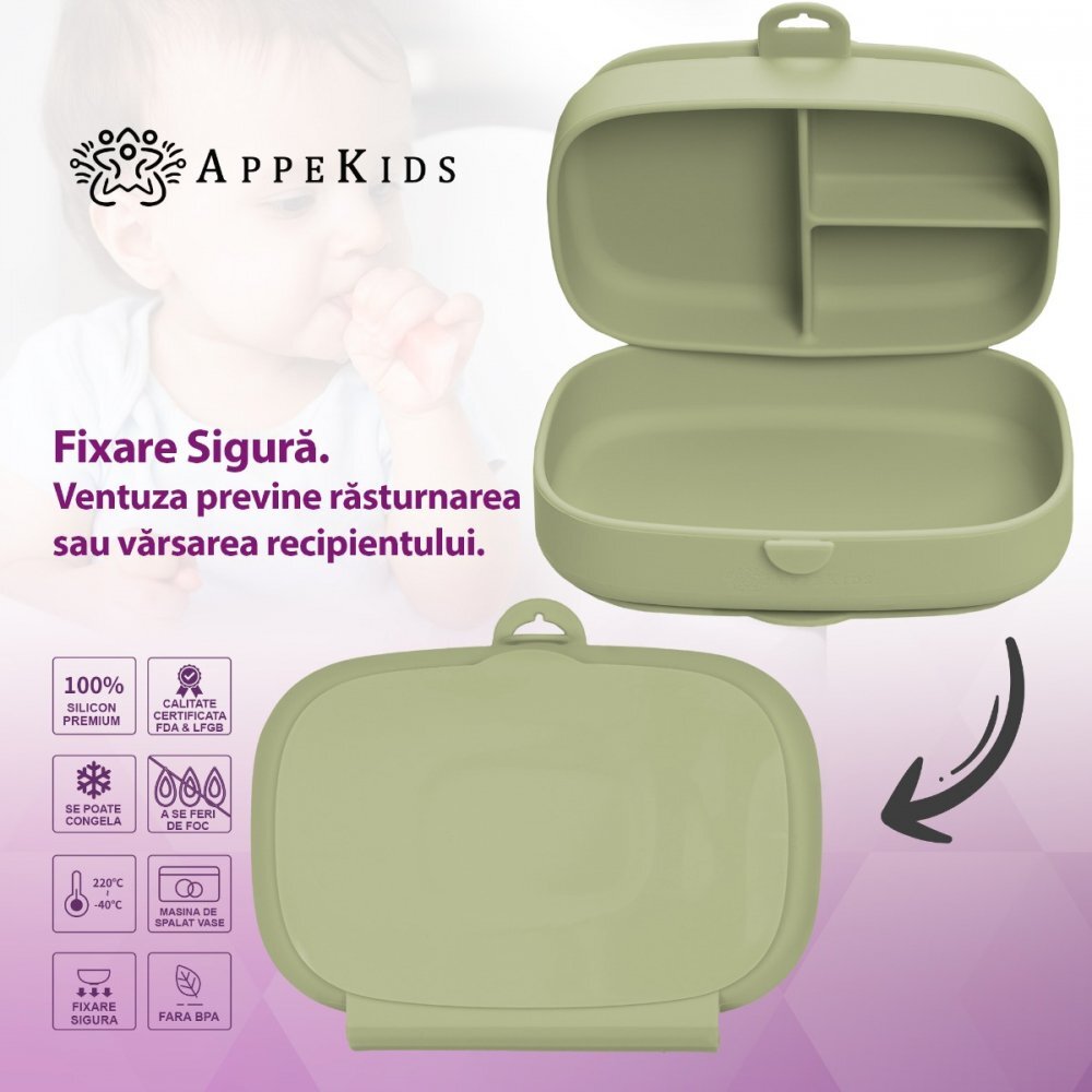 APPEKIDS Caserola compartimentata din silicon cu ventuza Magic Box Raw Green