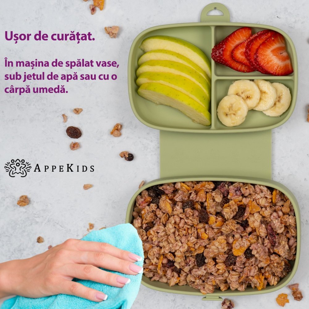APPEKIDS Caserola compartimentata din silicon cu ventuza Magic Box Raw Green