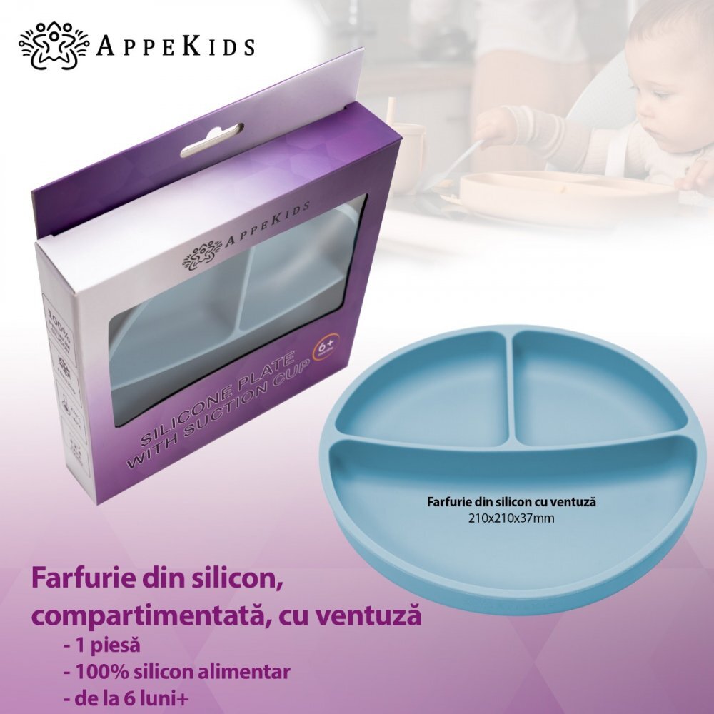 APPEKIDS Farfurie compartimentata din silicon cu ventuza Aqua Blue