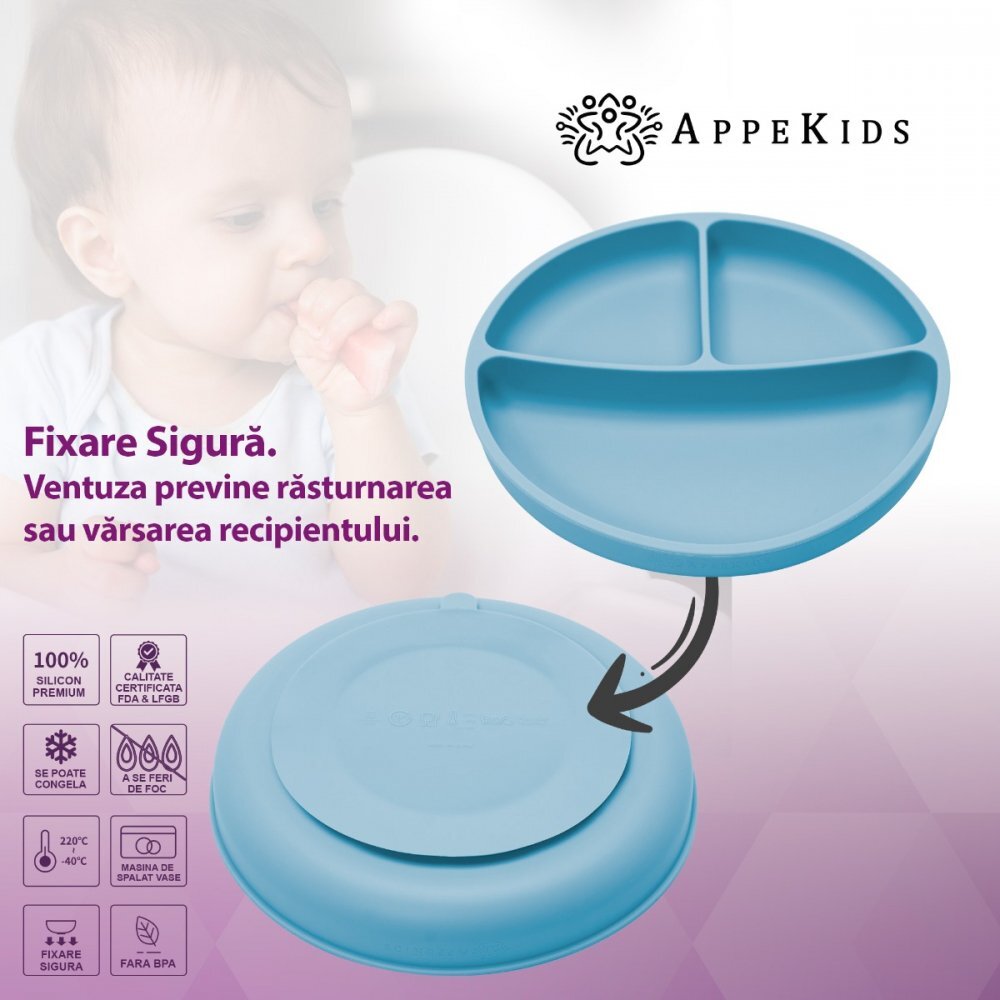APPEKIDS Farfurie compartimentata din silicon cu ventuza Aqua Blue