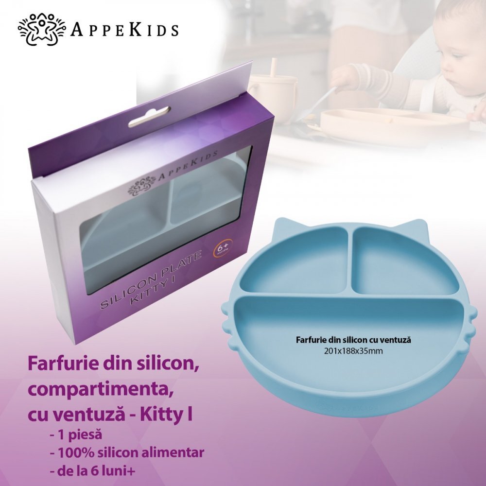 APPEKIDS Farfurie compartimentata din silicon cu ventuza Kitty Aqua Blue