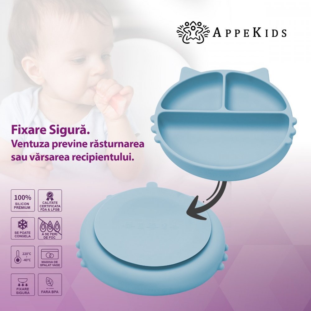 APPEKIDS Farfurie compartimentata din silicon cu ventuza Kitty Aqua Blue