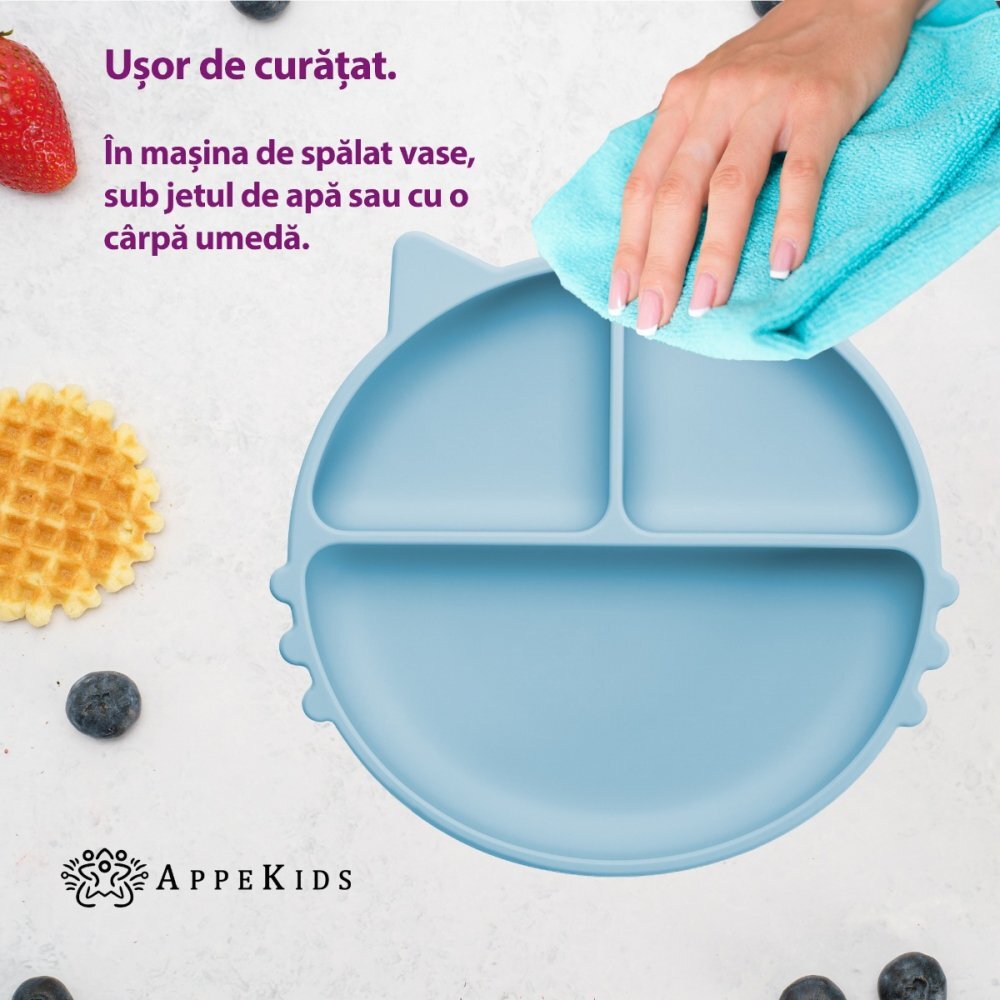 APPEKIDS Farfurie compartimentata din silicon cu ventuza Kitty Aqua Blue
