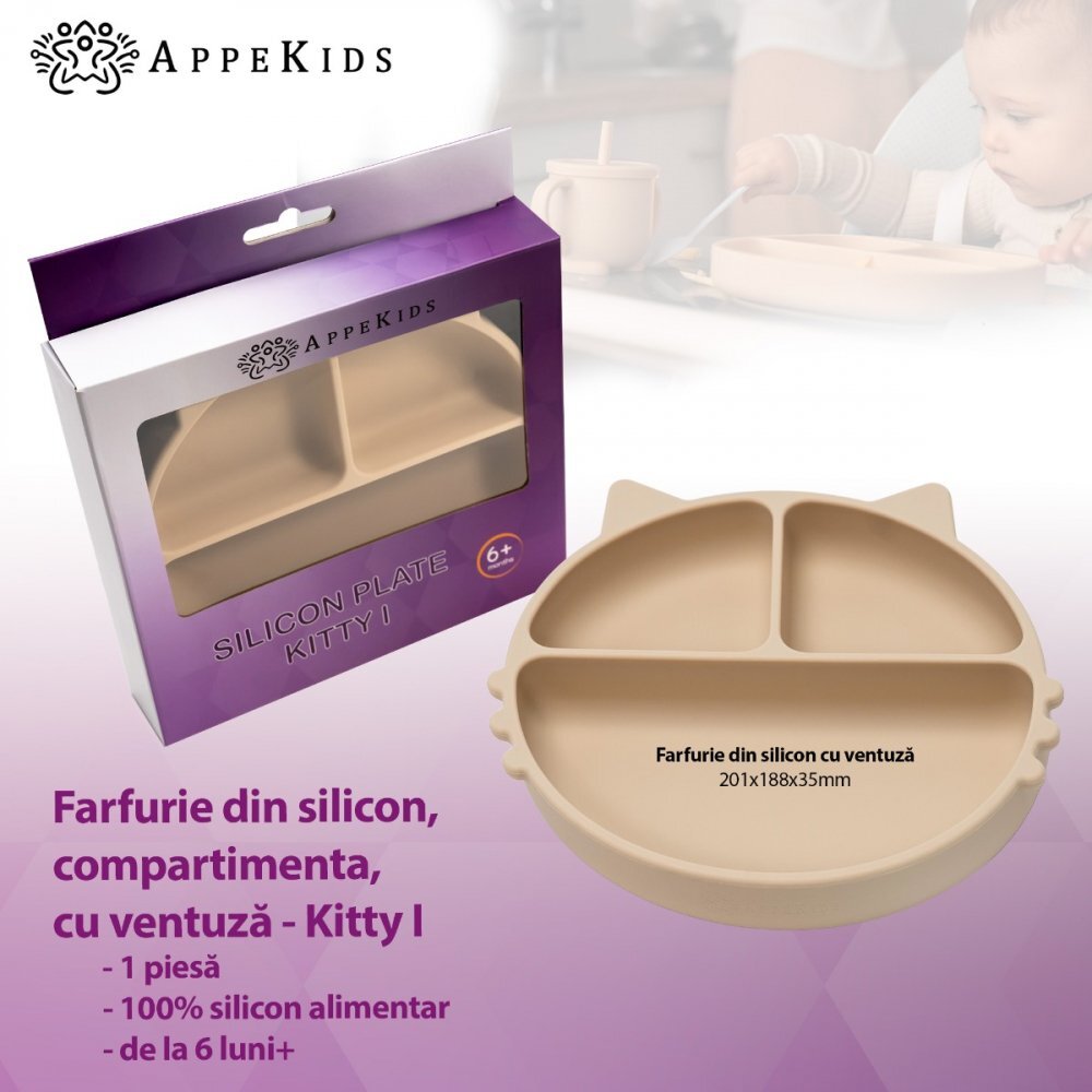 APPEKIDS Farfurie compartimentata din silicon cu ventuza Kitty Bubble Beige