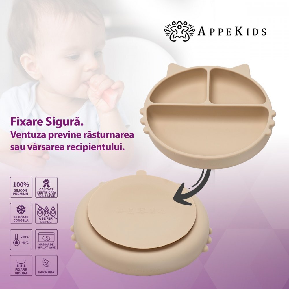 APPEKIDS Farfurie compartimentata din silicon cu ventuza Kitty Bubble Beige
