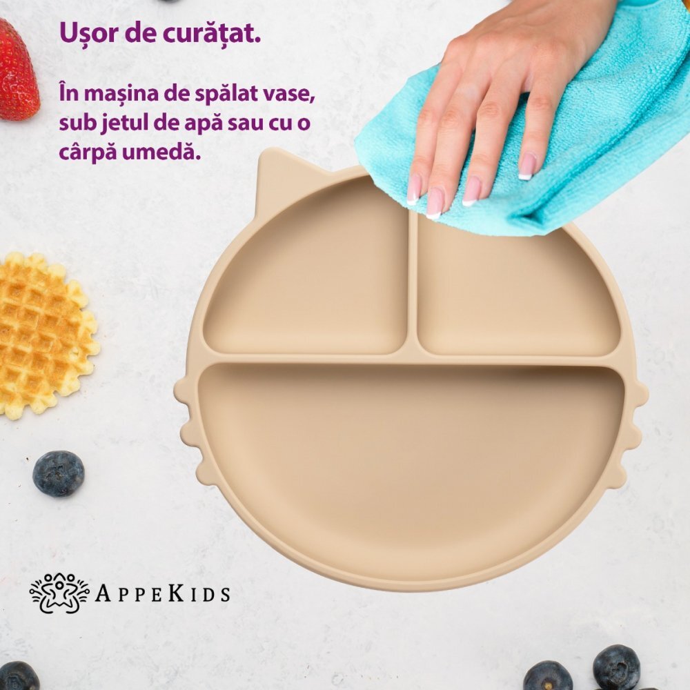 APPEKIDS Farfurie compartimentata din silicon cu ventuza Kitty Bubble Beige