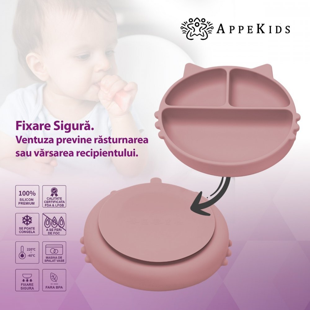 APPEKIDS Farfurie compartimentata din silicon cu ventuza Kitty Old Rose