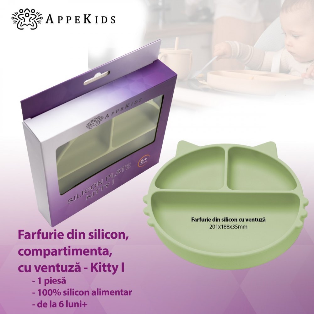 APPEKIDS Farfurie compartimentata din silicon cu ventuza Kitty Raw Green
