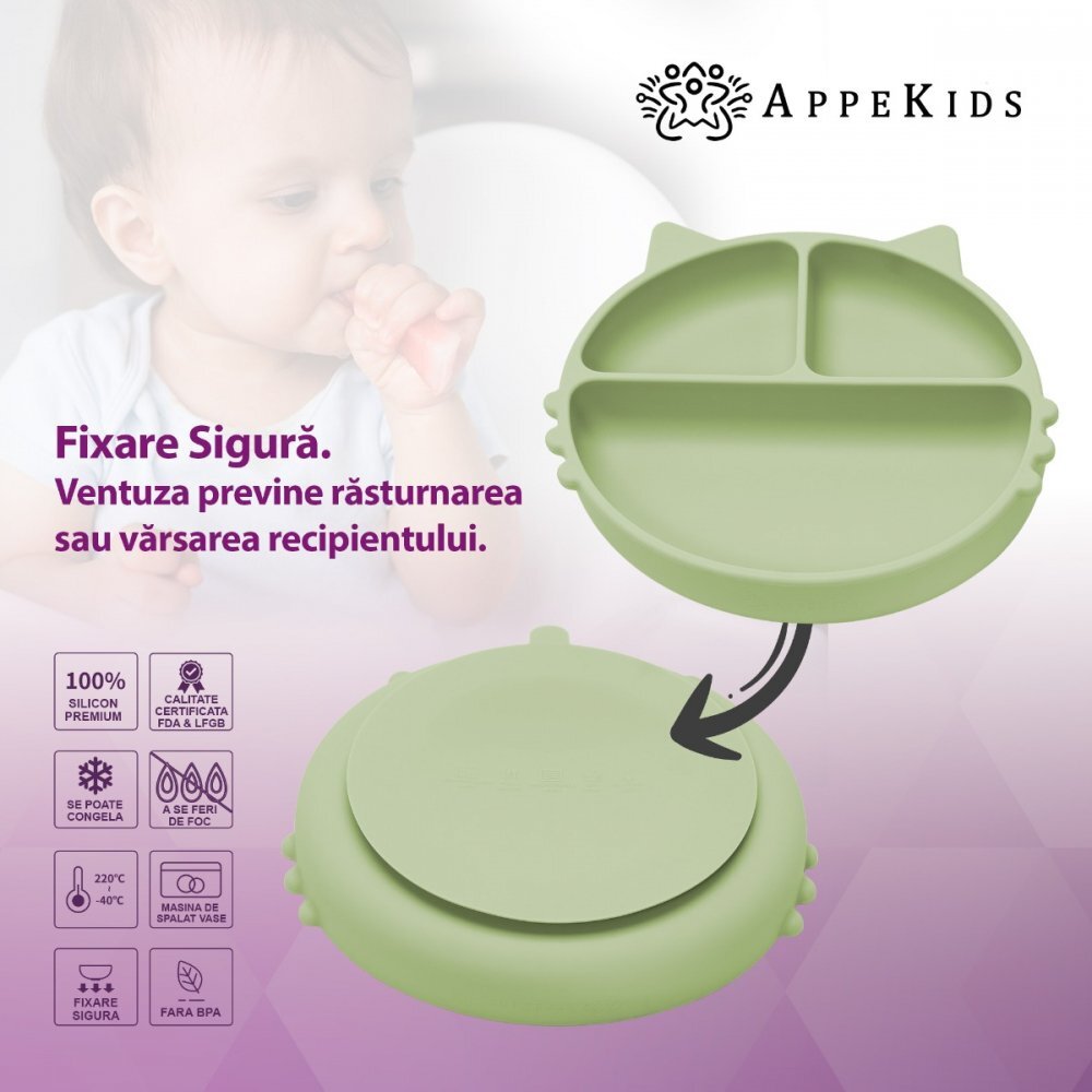 APPEKIDS Farfurie compartimentata din silicon cu ventuza Kitty Raw Green