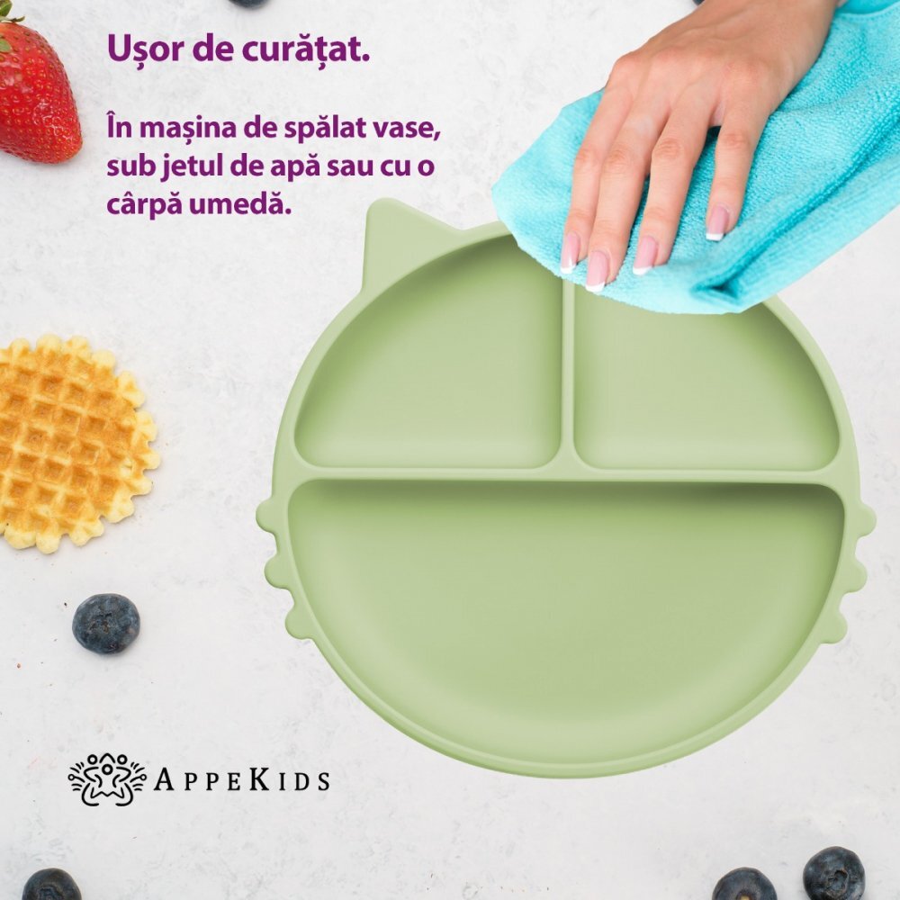 APPEKIDS Farfurie compartimentata din silicon cu ventuza Kitty Raw Green