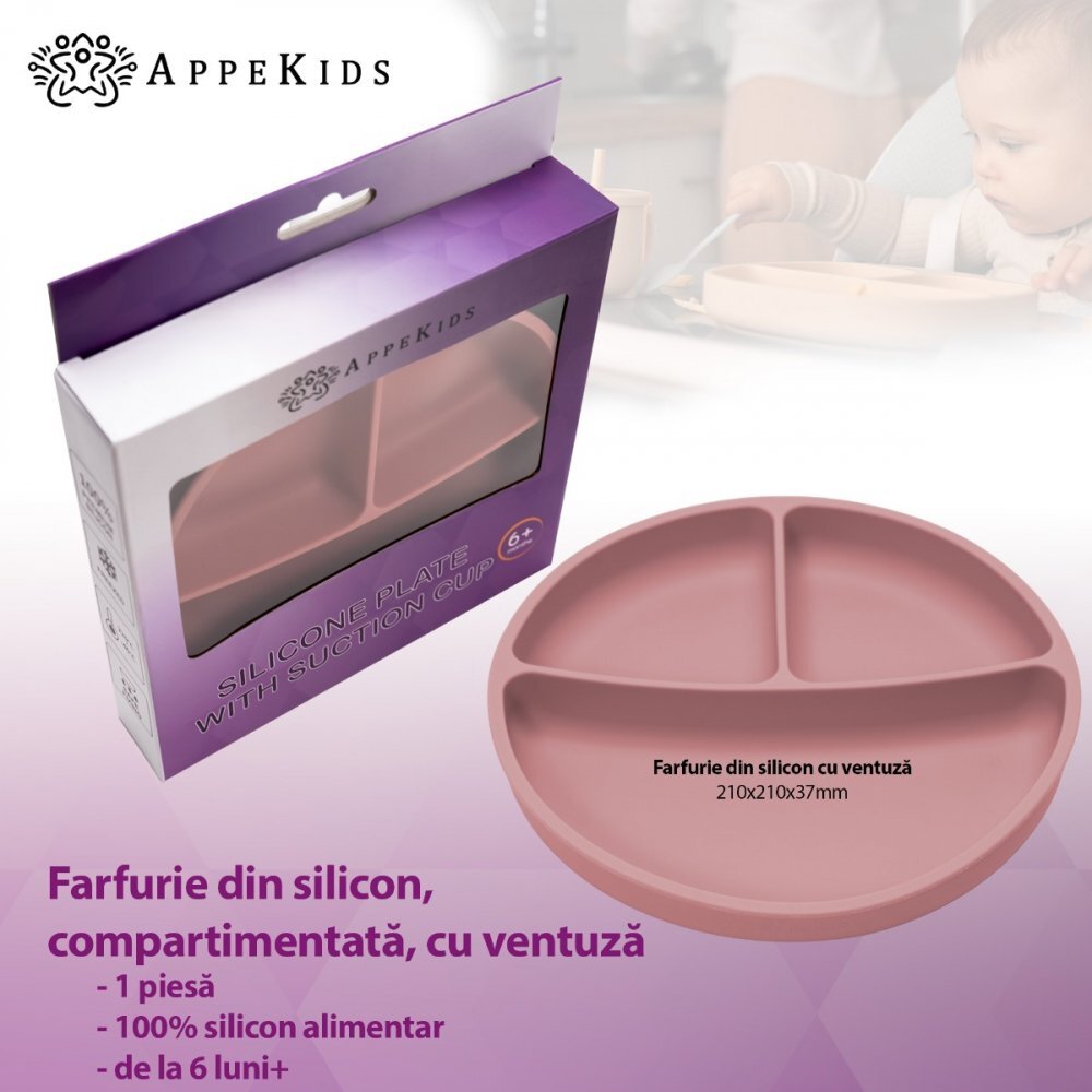 APPEKIDS Farfurie compartimentata din silicon cu ventuza Old Rose