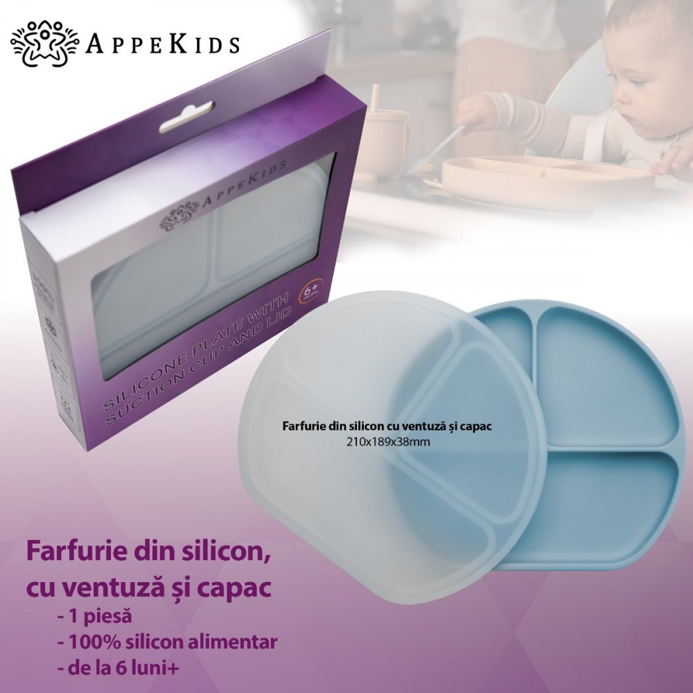 APPEKIDS Farfurie compartimentata din silicon cu ventuza si capac Aqua Blue