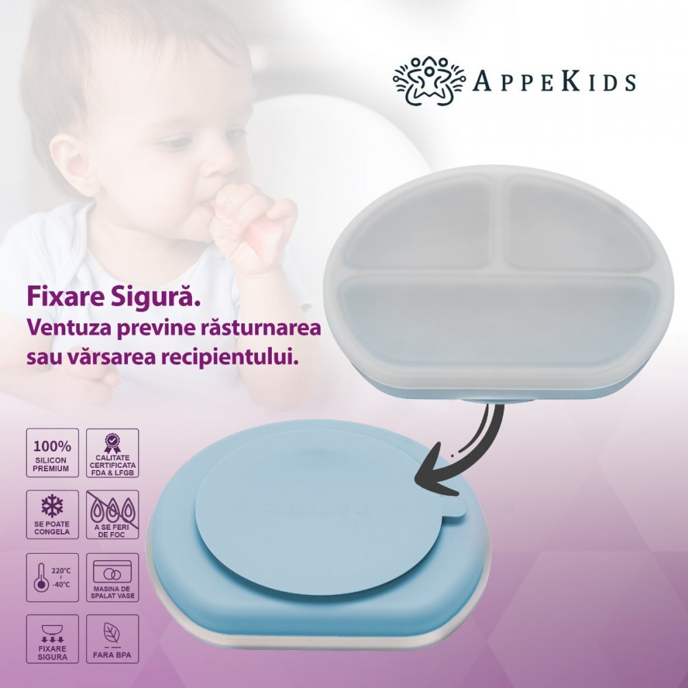 APPEKIDS Farfurie compartimentata din silicon cu ventuza si capac Aqua Blue