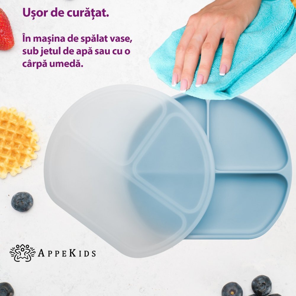 APPEKIDS Farfurie compartimentata din silicon cu ventuza si capac Aqua Blue