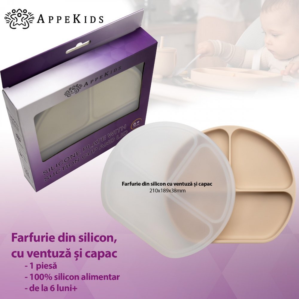 APPEKIDS Farfurie compartimentata din silicon cu ventuza si capac Bubble Beige