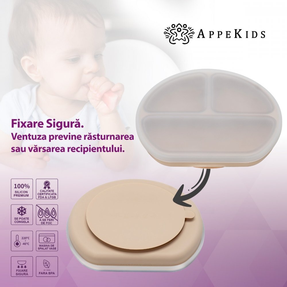 APPEKIDS Farfurie compartimentata din silicon cu ventuza si capac Bubble Beige