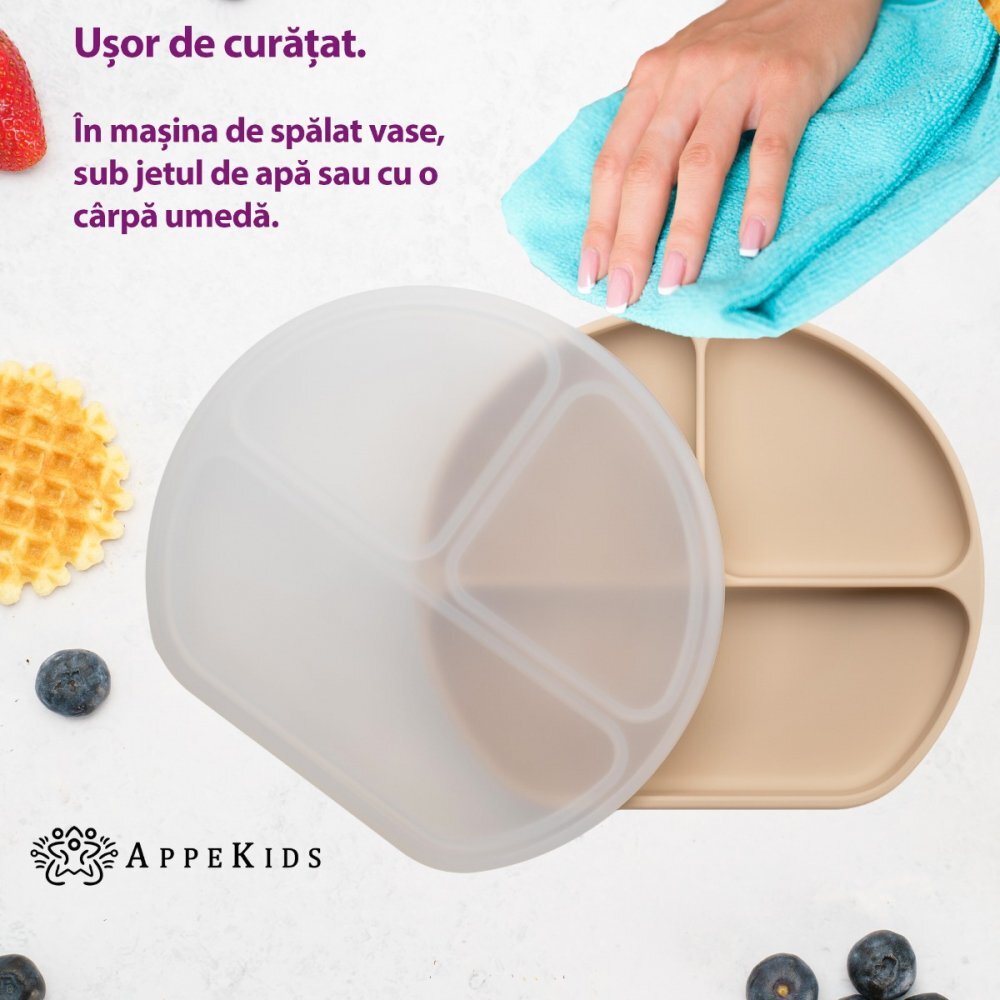 APPEKIDS Farfurie compartimentata din silicon cu ventuza si capac Bubble Beige