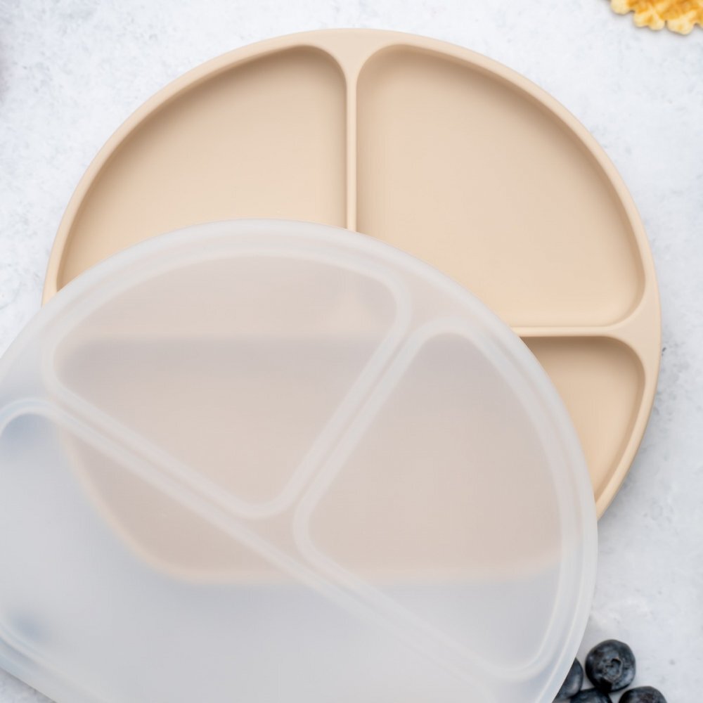 APPEKIDS Farfurie compartimentata din silicon cu ventuza si capac Bubble Beige