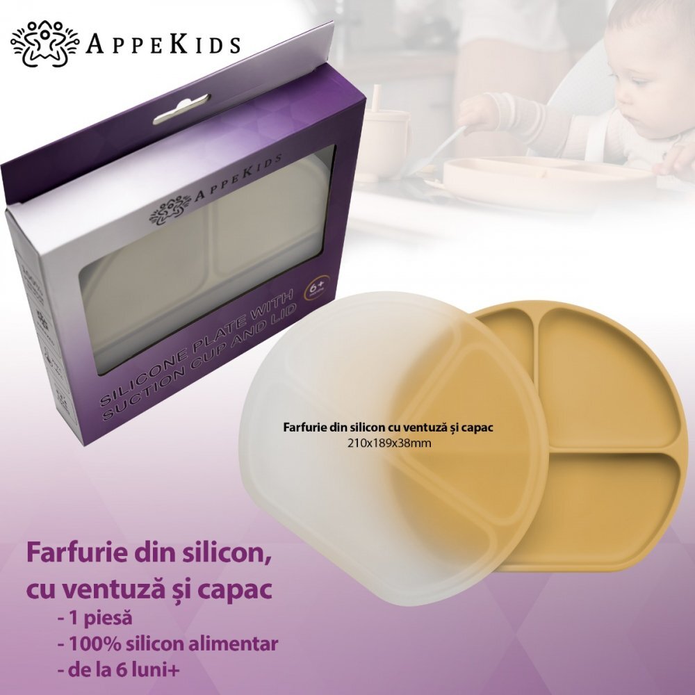 APPEKIDS Farfurie compartimentata din silicon cu ventuza si capac Honey