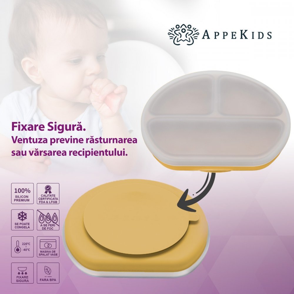 APPEKIDS Farfurie compartimentata din silicon cu ventuza si capac Honey