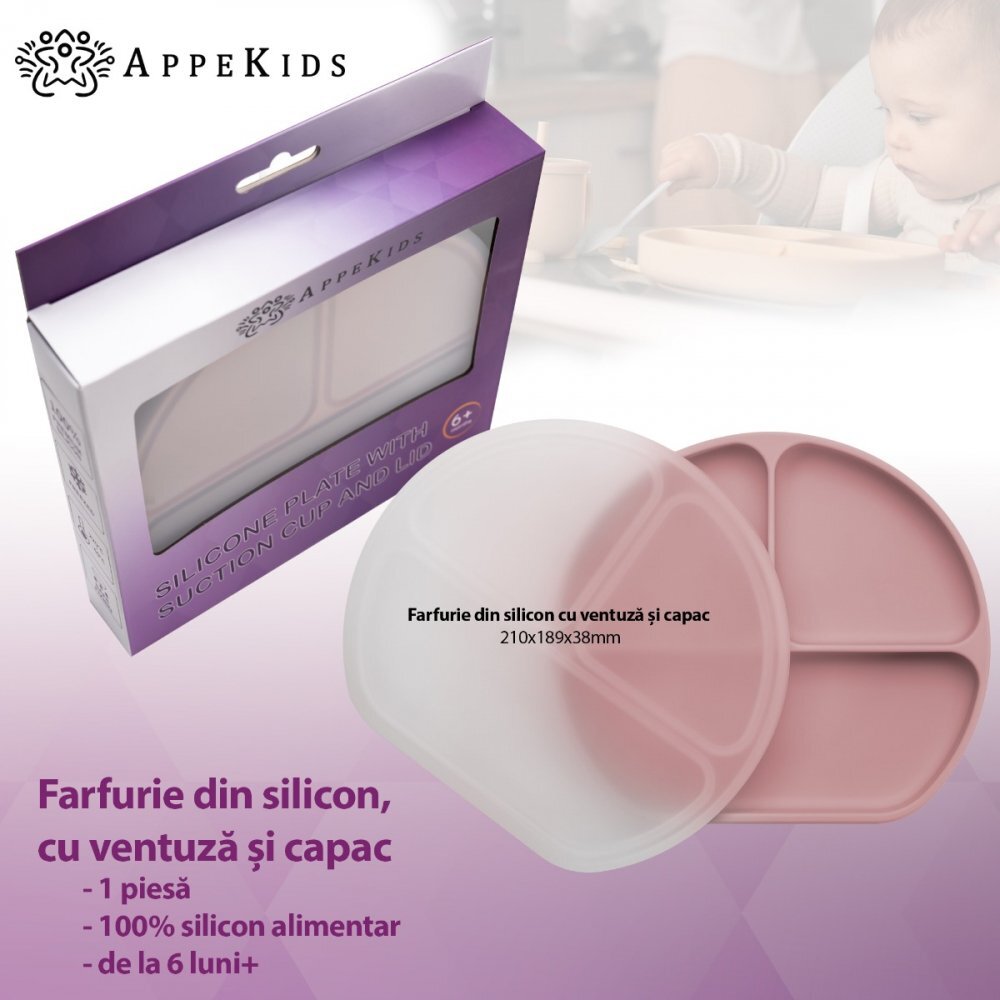 APPEKIDS Farfurie compartimentata din silicon cu ventuza si capac Old Rose