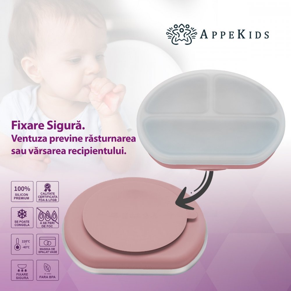 APPEKIDS Farfurie compartimentata din silicon cu ventuza si capac Old Rose