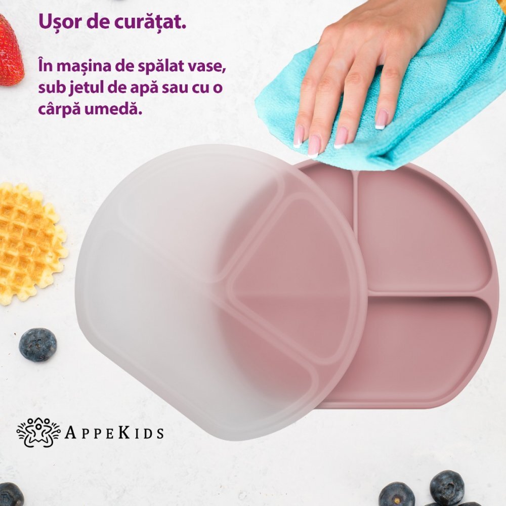 APPEKIDS Farfurie compartimentata din silicon cu ventuza si capac Old Rose