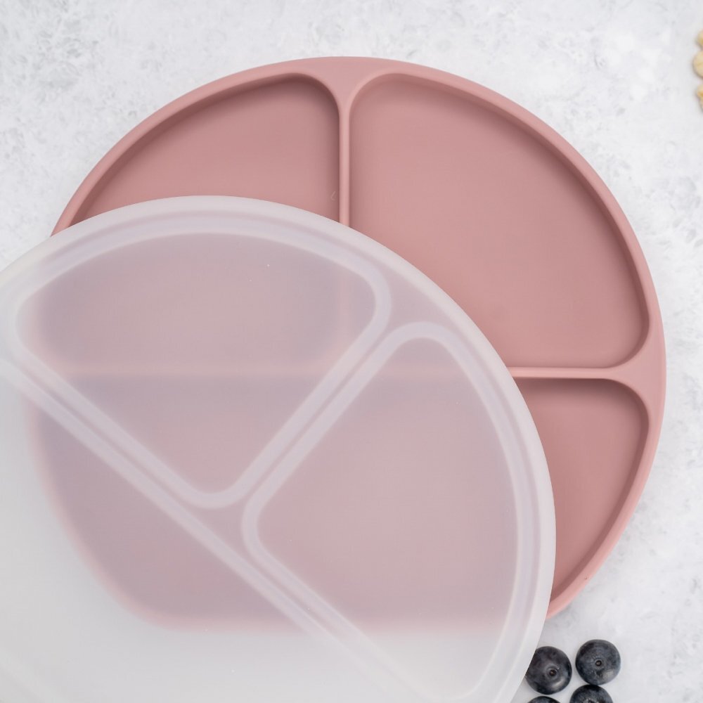 APPEKIDS Farfurie compartimentata din silicon cu ventuza si capac Old Rose