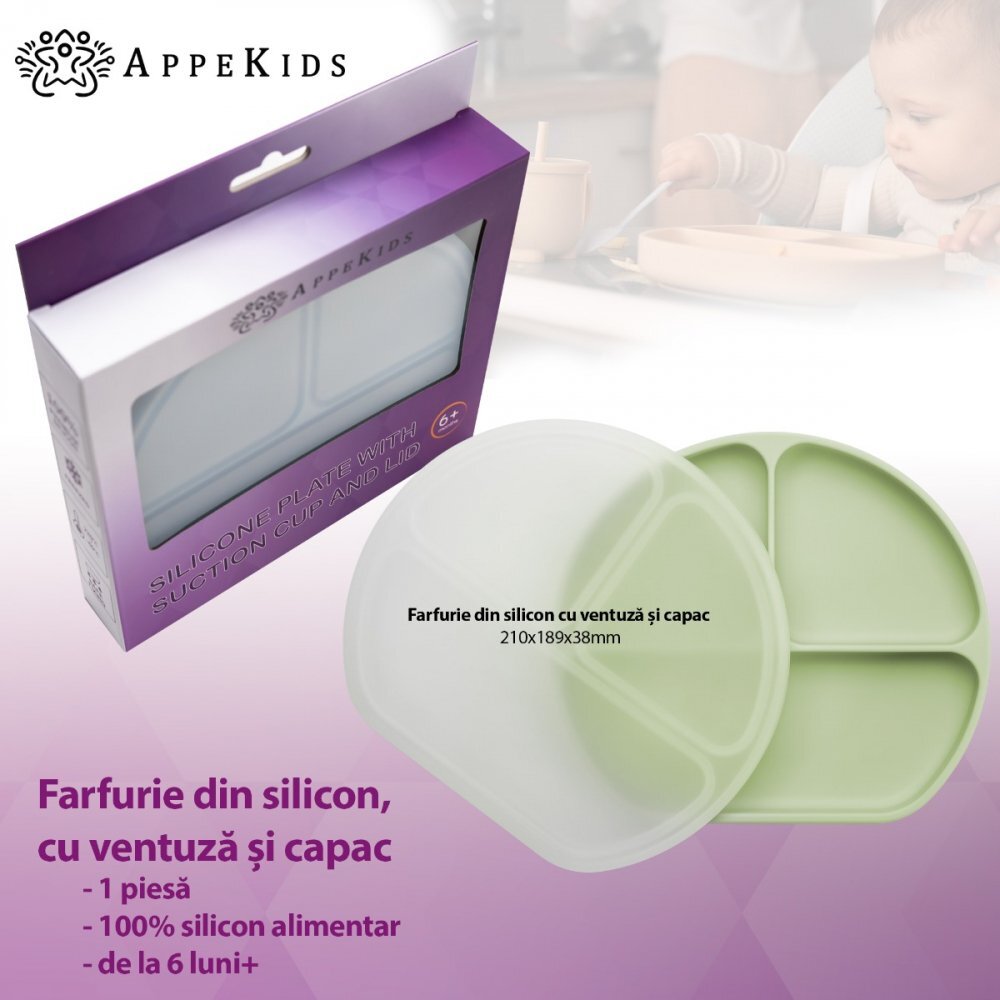 APPEKIDS Farfurie compartimentata din silicon cu ventuza si capac Raw Green