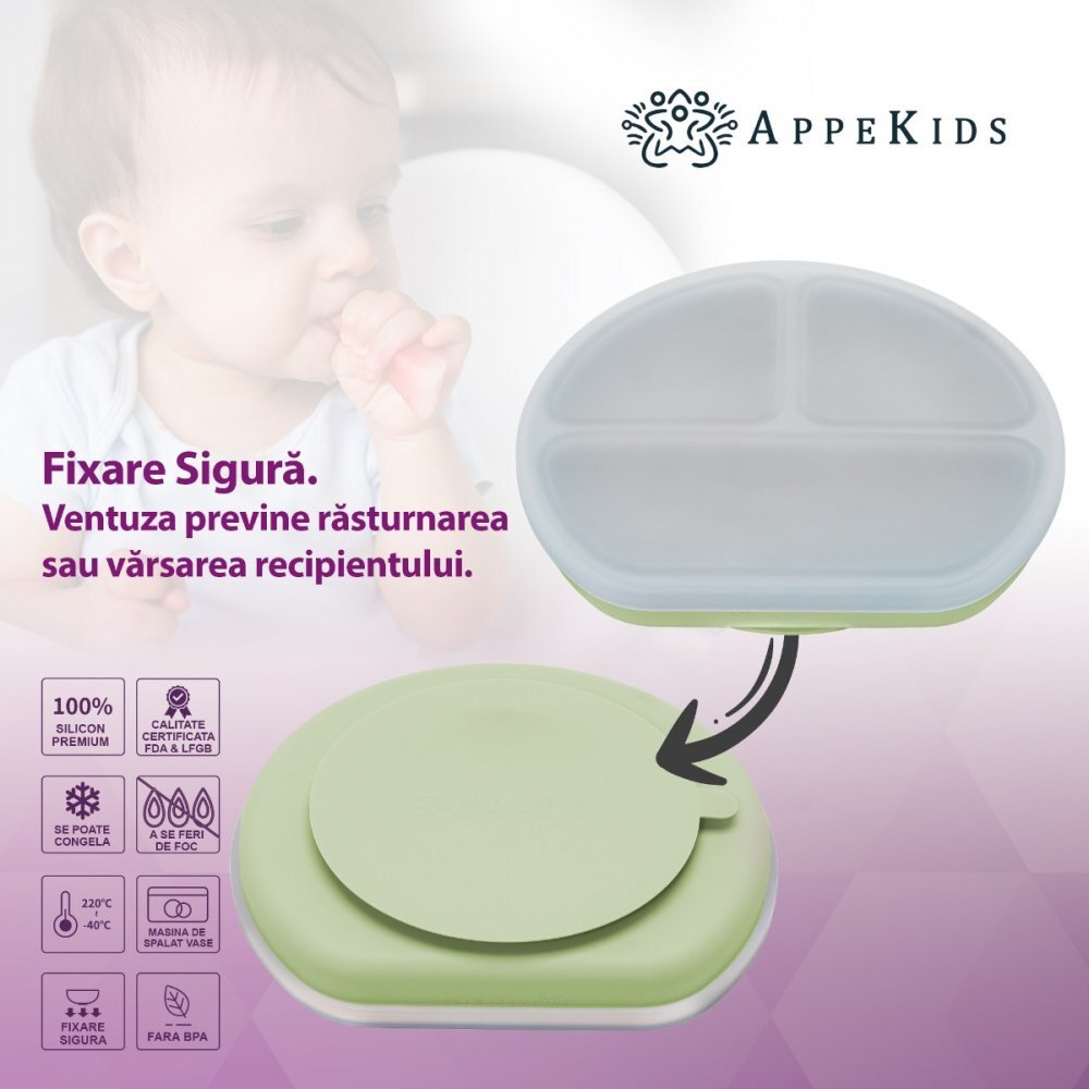 APPEKIDS Farfurie compartimentata din silicon cu ventuza si capac Raw Green
