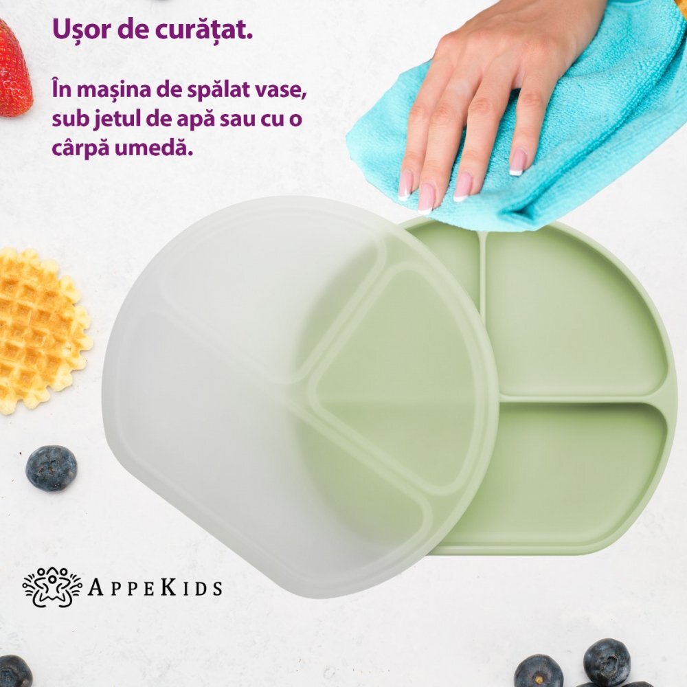APPEKIDS Farfurie compartimentata din silicon cu ventuza si capac Raw Green