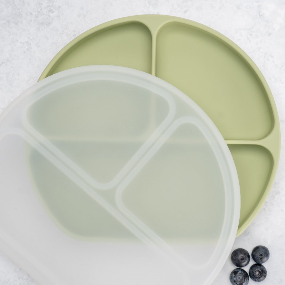 APPEKIDS Farfurie compartimentata din silicon cu ventuza si capac Raw Green