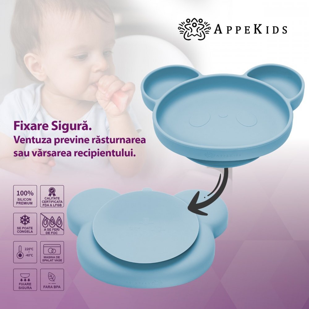 APPEKIDS Farfurie din silicon cu ventuza Panda Aqua Blue