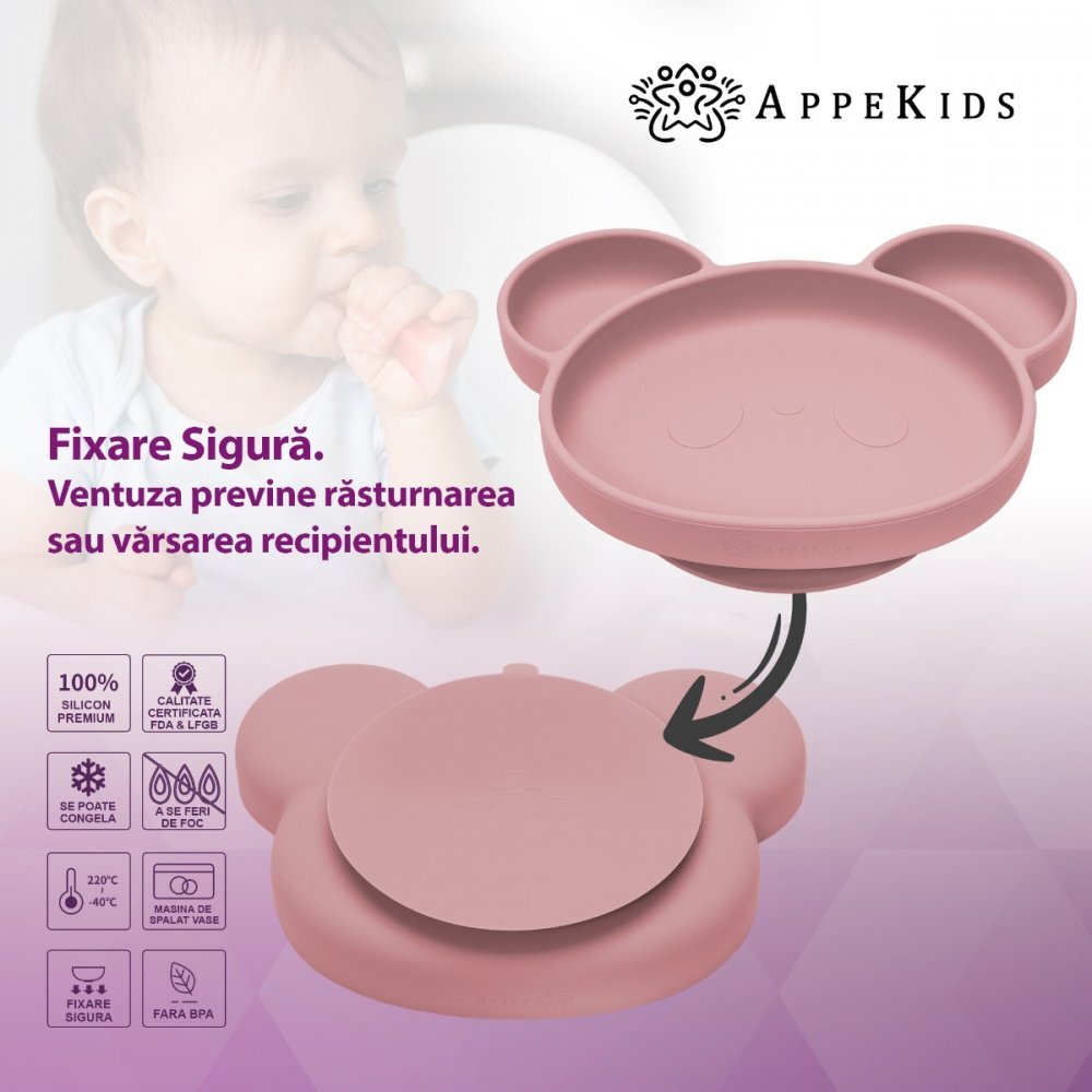 APPEKIDS Farfurie din silicon cu ventuza Panda Old Rose