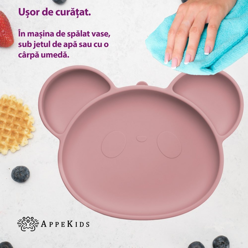 APPEKIDS Farfurie din silicon cu ventuza Panda Old Rose