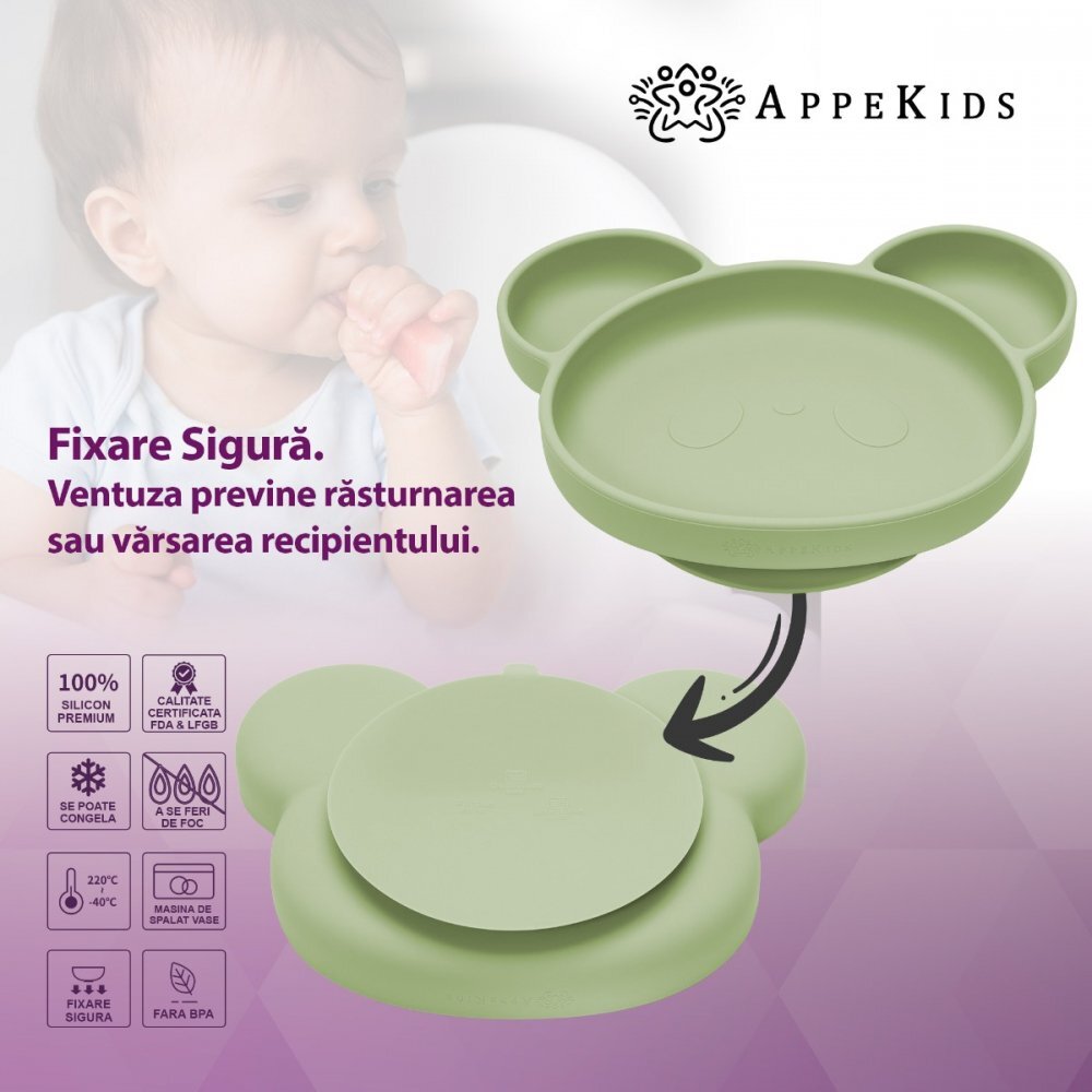 APPEKIDS Farfurie din silicon cu ventuza Panda Raw Green