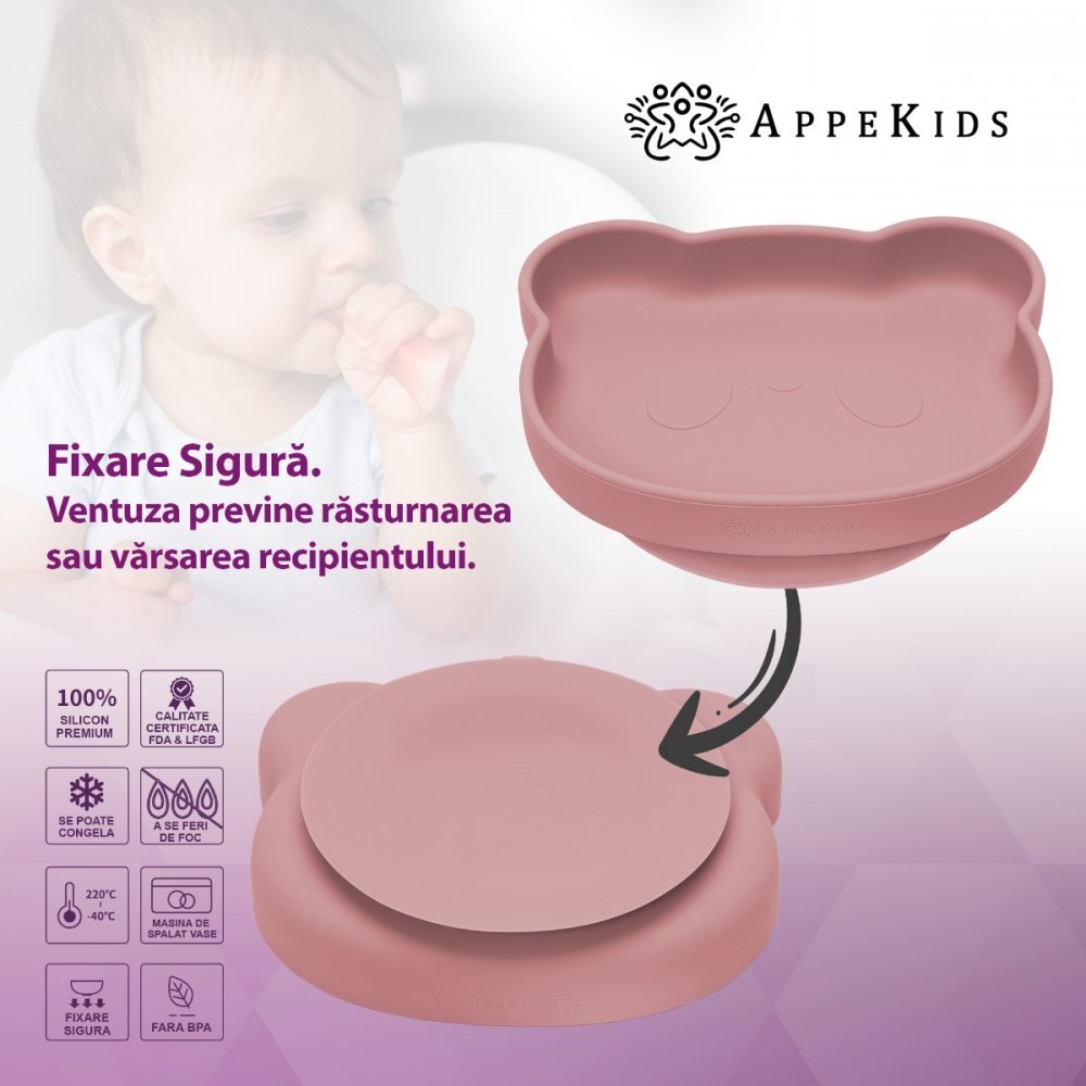 APPEKIDS Farfurie din silicon cu ventuza The Little Bear Old Rose