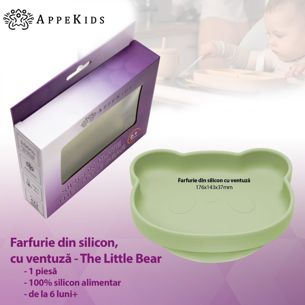 APPEKIDS Farfurie din silicon cu ventuza The Little Bear Raw Green