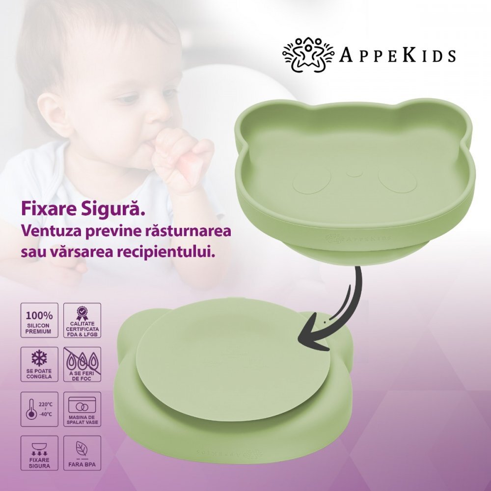 APPEKIDS Farfurie din silicon cu ventuza The Little Bear Raw Green